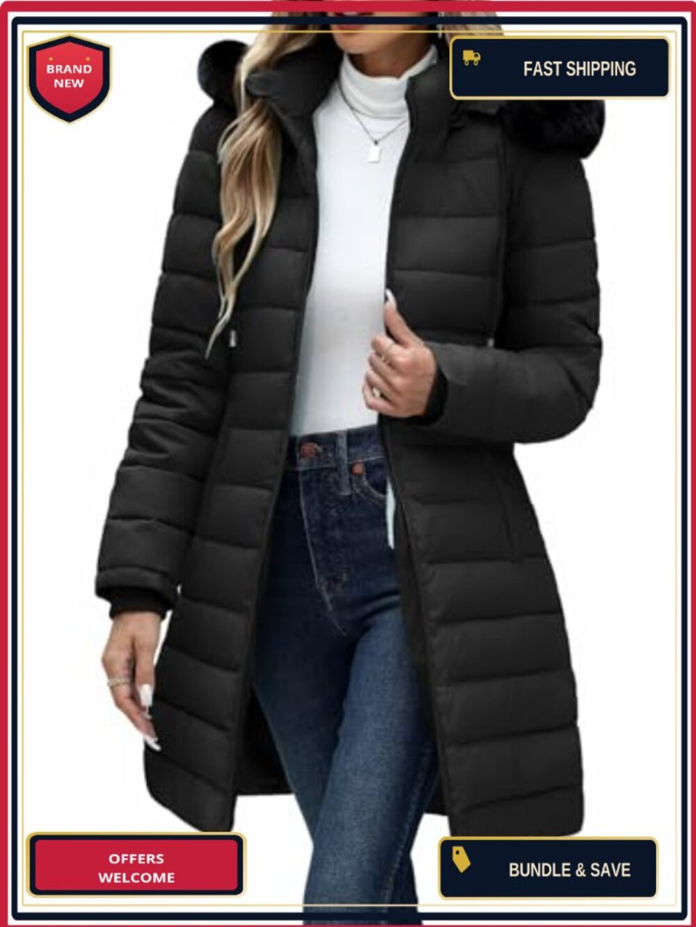Mid Length Puffer Coat Fleece Lined Hooded Quilted Winter Parka Long Sleeve